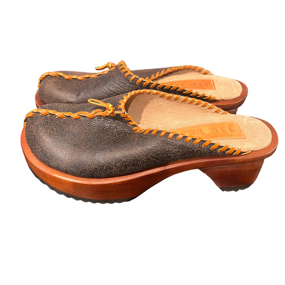 Jim Barnier Wooden Heel Clog Black Oil Women's Size 10 Platform Sandals Leather - Picture 5 of 8